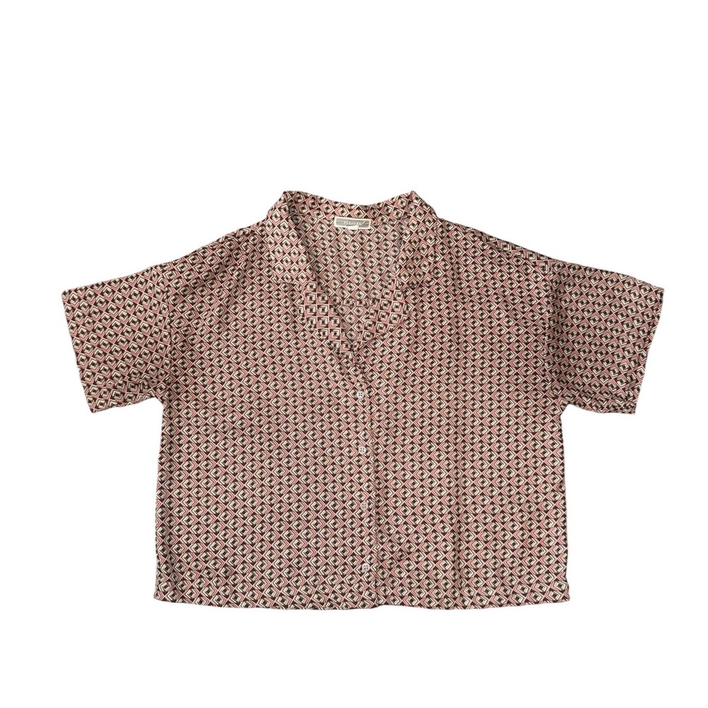 Pleione Button Down Shirt Womens L Brown Geometric Short Sleeve Boxy Top
